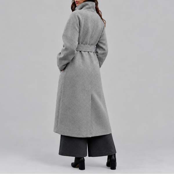 Women's Long Wool Coat | Belted Winter Wrap Coat with Wide Collar