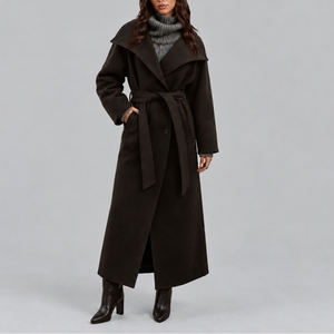 Women's Long Wool Coat | Belted Winter Wrap Coat with Wide Collar