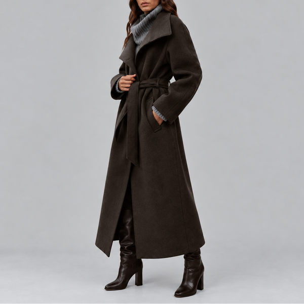 Women's Long Wool Coat | Belted Winter Wrap Coat with Wide Collar