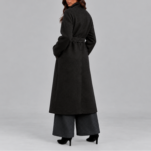 Women's Long Wool Coat | Belted Winter Wrap Coat with Wide Collar