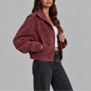 Women's Oversized Suede Bomber Jacket | Zip Up Vintage Jacket