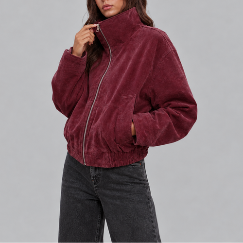 Women's Oversized Suede Bomber Jacket | Zip Up Vintage Jacket