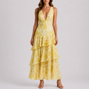Women's Floral Maxi Dress with Deep V-Neck and Open Back