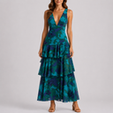 Women's Floral Maxi Dress with Deep V-Neck and Open Back