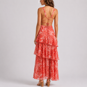 Women's Floral Maxi Dress with Deep V-Neck and Open Back