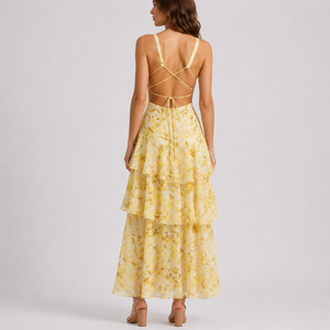 Women's Floral Maxi Dress with Deep V-Neck and Open Back