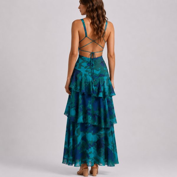 Women's Floral Maxi Dress with Deep V-Neck and Open Back