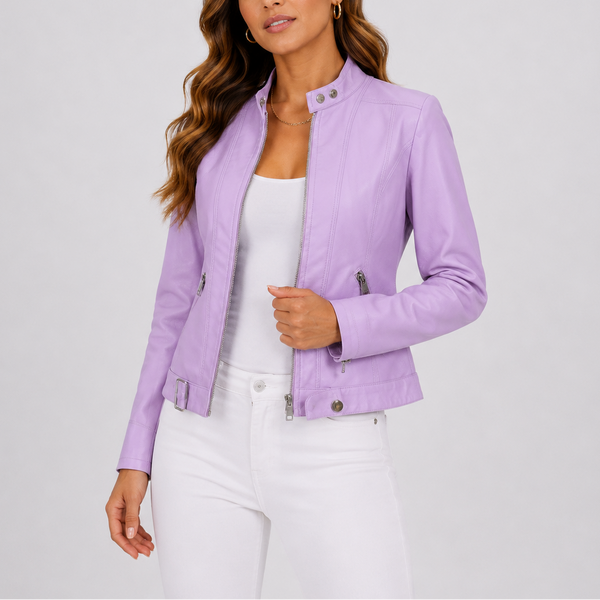 Women's Classic Leather Jacket with Zip Pockets