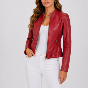 Women's Classic Leather Jacket with Zip Pockets