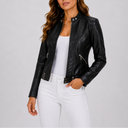 Women's Classic Leather Jacket with Zip Pockets