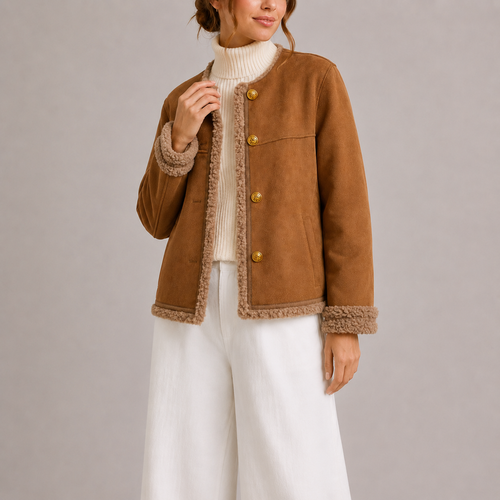 Women’s Faux Suede Autumn Jacket with Shearling Trim