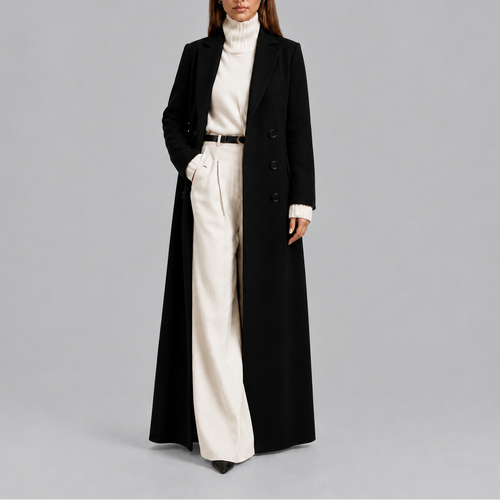 Women’s Longline Double-Breasted Wool Coat Warm Winter Overcoat