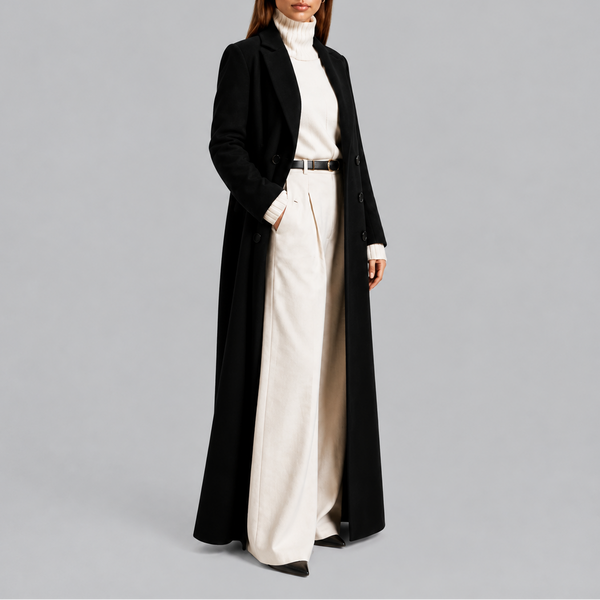 Women’s Longline Double-Breasted Wool Coat Warm Winter Overcoat