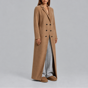 Women’s Longline Double-Breasted Wool Coat Warm Winter Overcoat