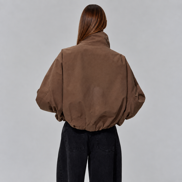 Women’s Cropped Bomber Jacket with High Neck and Oversized Fit
