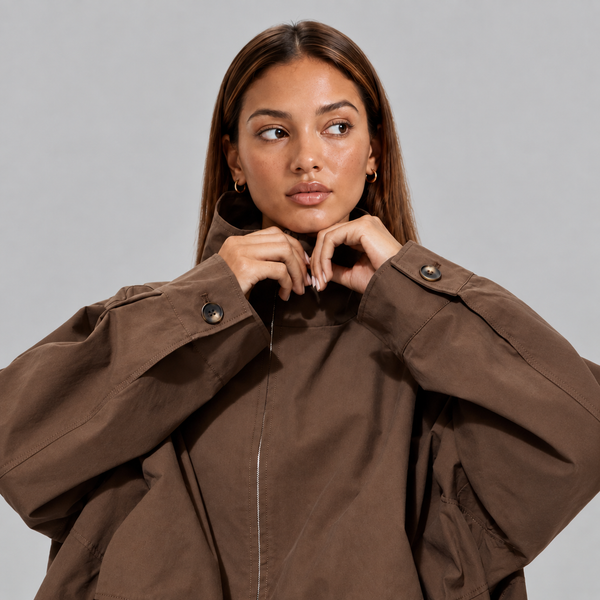 Women’s Cropped Bomber Jacket with High Neck and Oversized Fit