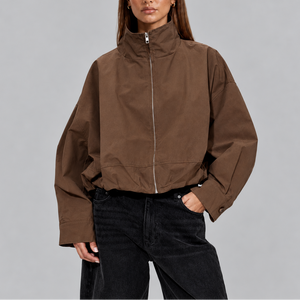 Women’s Cropped Bomber Jacket with High Neck and Oversized Fit