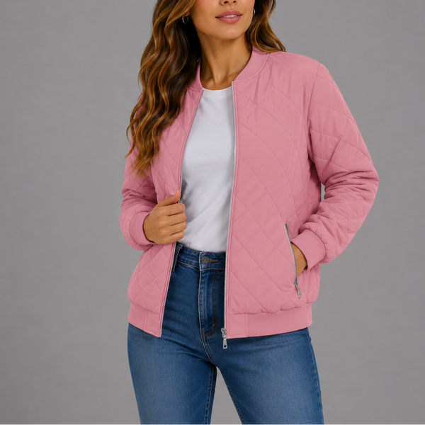 Women's Classic Quilted Bomber Jacket with Pockets