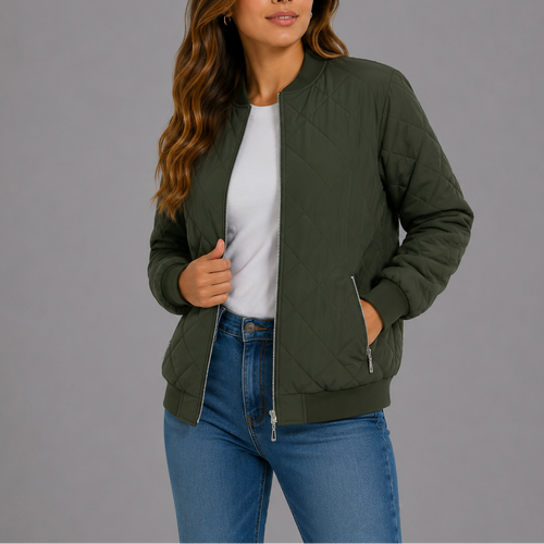 Women's Classic Quilted Bomber Jacket with Pockets