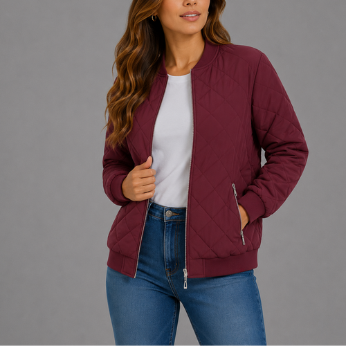 Women's Classic Quilted Bomber Jacket with Pockets