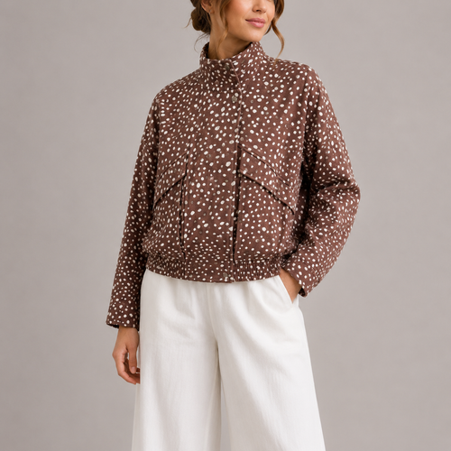 Women's Brown Polka Dot Cropped Bomber Jacket with High Neck