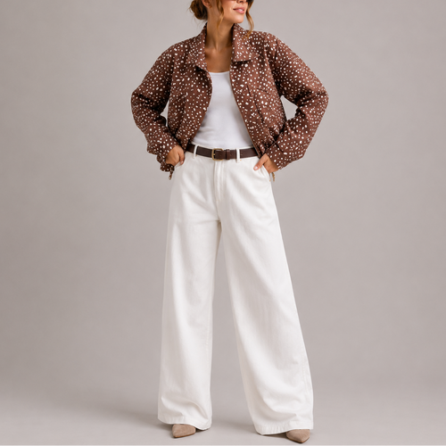 Women's Brown Polka Dot Cropped Bomber Jacket with High Neck