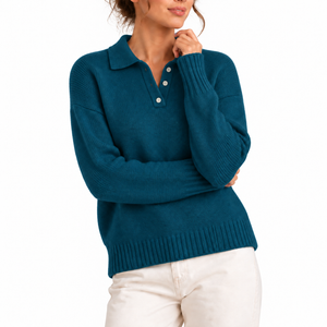 Women’s Knit Collar Polo Sweater with Button Placket