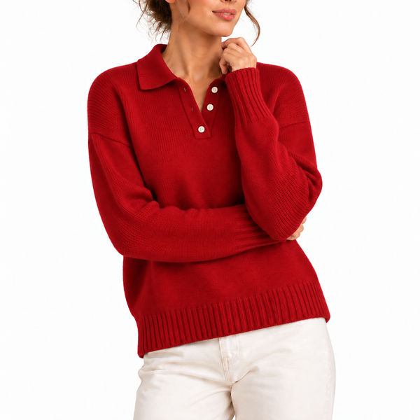 Women’s Knit Collar Polo Sweater with Button Placket
