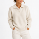 Women’s Knit Collar Polo Sweater with Button Placket