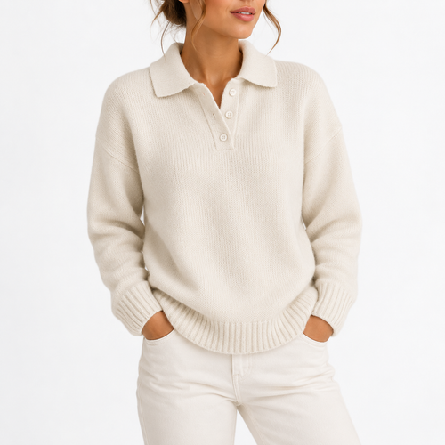 Women’s Knit Collar Polo Sweater with Button Placket