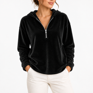 Women’s Velvet Quarter-Zip Hoodie with Long Sleeves
