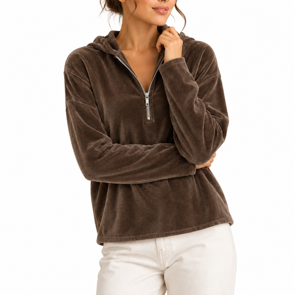 Women’s Velvet Quarter-Zip Hoodie with Long Sleeves