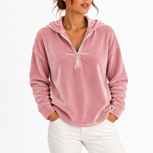 Women’s Velvet Quarter-Zip Hoodie with Long Sleeves