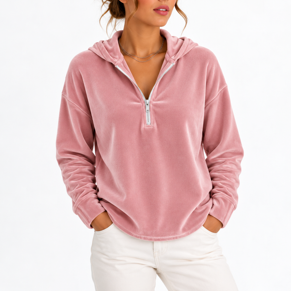 Women’s Velvet Quarter-Zip Hoodie with Long Sleeves