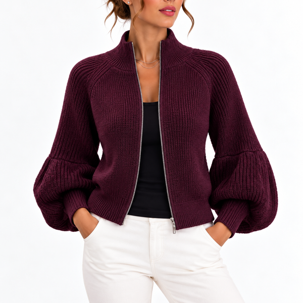 Women’s Cropped Knit Cardigan with Puff Sleeves and High Collar