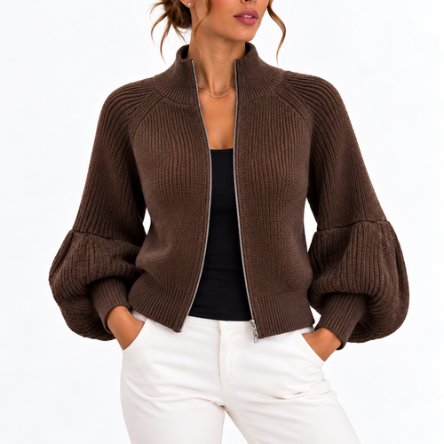 Women’s Cropped Knit Cardigan with Puff Sleeves and High Collar