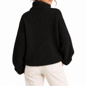 Women’s Oversized Turtleneck Sweater with Waffle Knit Texture