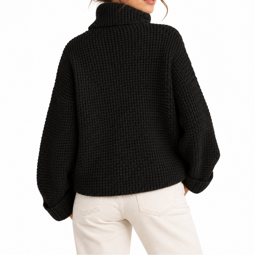 Women’s Oversized Turtleneck Sweater with Waffle Knit Texture