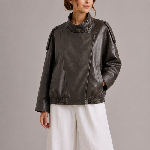 Women's High Collar Faux Leather Bomber Jacket