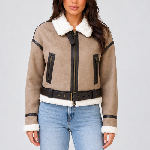 Women’s Cropped Aviator Jacket with Teddy Lining