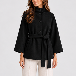 Women’s Belted Cape Jacket with Stand Collar