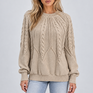 Women’s Cable Knit Crew Neck Sweater with Balloon Sleeves