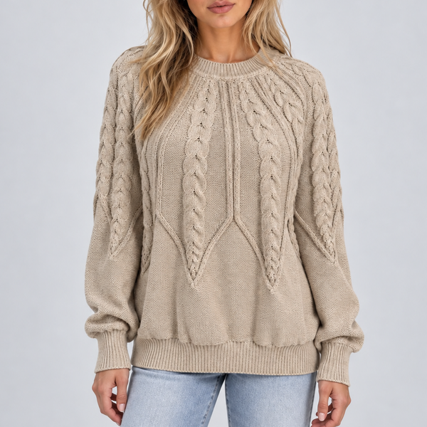 Women’s Cable Knit Crew Neck Sweater with Balloon Sleeves