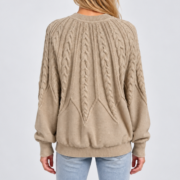 Women’s Cable Knit Crew Neck Sweater with Balloon Sleeves
