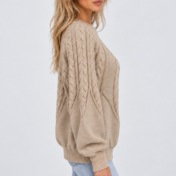 Women’s Cable Knit Crew Neck Sweater with Balloon Sleeves