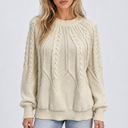Women’s Cable Knit Crew Neck Sweater with Balloon Sleeves