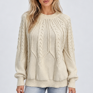 Women’s Cable Knit Crew Neck Sweater with Balloon Sleeves