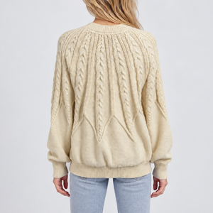 Women’s Cable Knit Crew Neck Sweater with Balloon Sleeves