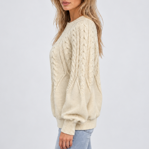 Women’s Cable Knit Crew Neck Sweater with Balloon Sleeves