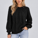 Women’s Cable Knit Crew Neck Sweater with Balloon Sleeves
